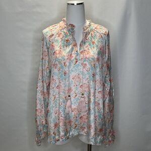 Roller Rabbit Blouse Womens Large Floral V Neck Top Pink Blue Spring Boho Chic